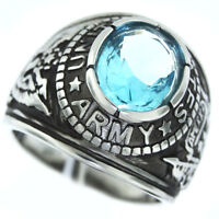 Us Army Military Mens Aquamarine Stone Silver 316ss Crown Top Ring Us Army Military Mens Aquamarine Stone Silver 316ss Crown Top Ring