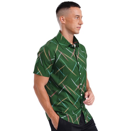 Mens Colorful Striped Casual Short Sleeve Button Down Vacation Holiday Tops - Picture 46 of 77