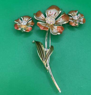 Vintage Signed BSK Enamel & AB Rhinestone Long Flower Brooch / Pin Earrings Set