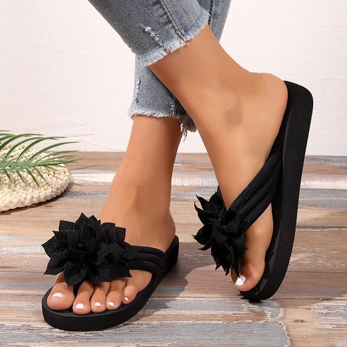 Chanclas con flores para mujer Sandalias Plataforma Tacón plano Zapatos de playa Verano - Imagen 14 de 29
