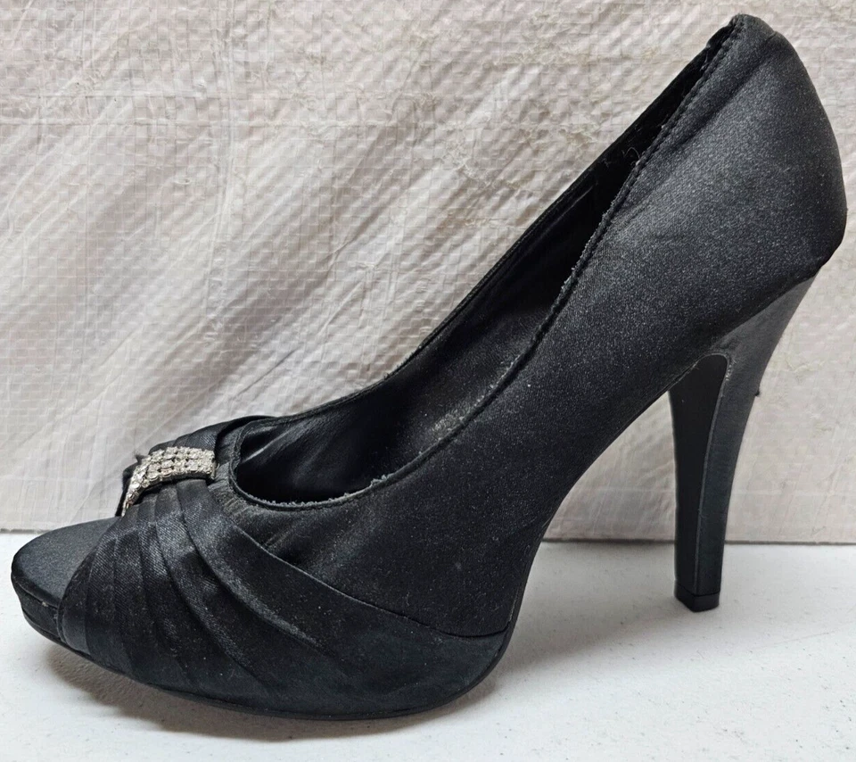 Wild Diva Feminino Tamanho 8.5 Preto Bombas Stiletto 4" Salto Peep-Toe Strass Bling - Imagem 3 de 4