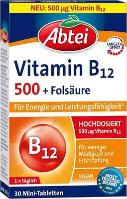 Abtei Vitamin B12 plus Folsäure Energie Nahrungsergänzung 500 ug B12   30 Tab