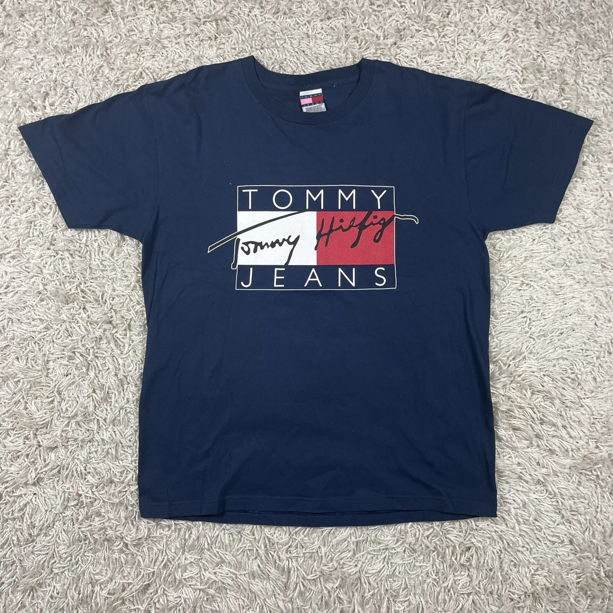 Vintage 90's Tommy Hilfiger Tommy Jeans Big Logo Navy T Shirt Large eBay