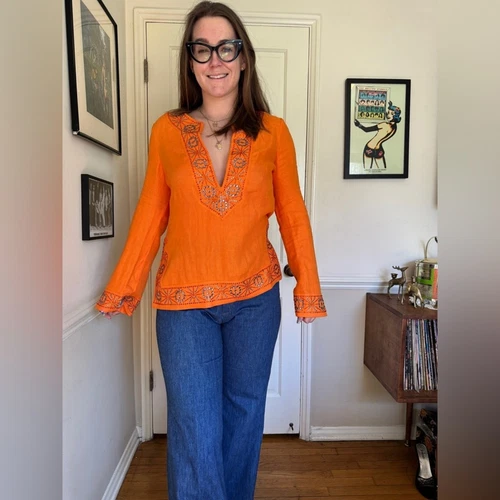 Tunica Tory Burch in lino arancione con dettagli strass