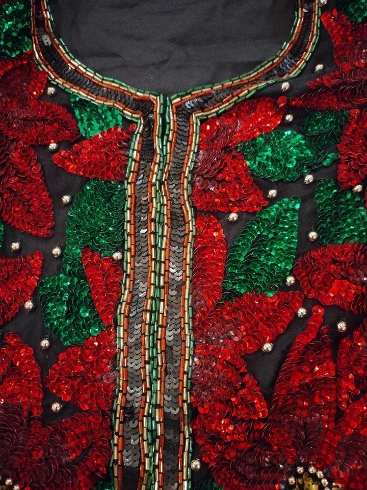 VTG 80's Laurence Kazar Silk Beaded Sequin Poinsettia Cropped Evening Jacket L - Image 3 of 4