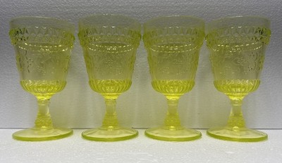 LG Wright Vaseline Uranium Opalescent Glass Wildflower Small Goblets Set Of 4