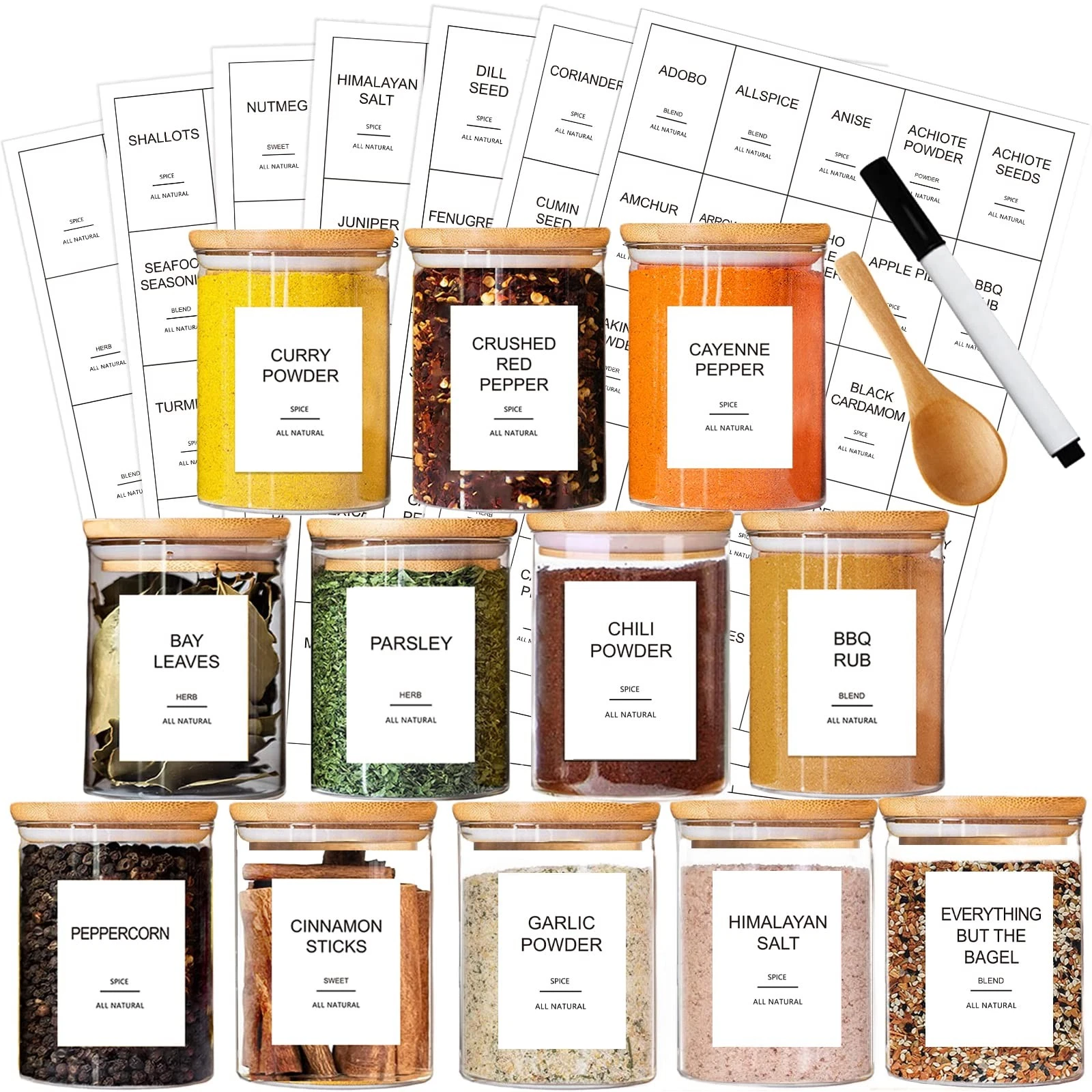 GPOVVIMX 12 Pcs Glass Spice Jars with Bamboo 2.55*4.1 Inch, Set