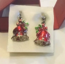 Vintage Holiday Christmas Enamel Rhinestone Bell Dangle Drop Pierced Earrings