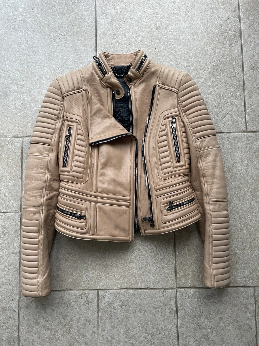 Chaqueta de motociclista acolchada de cuero beige Burberry Prorsum para mujer bolsillos con cremallera completa XS