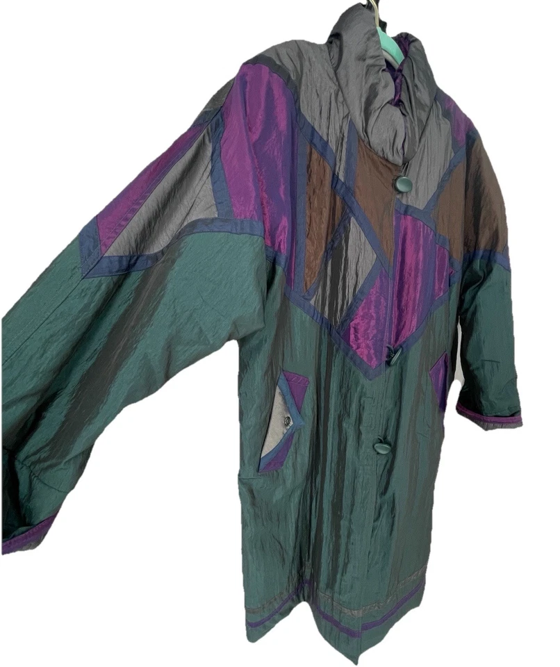 VTG 90s Streetwear Quilted Puffer Parka Patchwork Trench Coat Funky Artsy 24W - Image 2 of 4