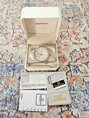 Vintage 1990er Zenith massiv Silber gepunzt 925 Taschenuhr T-Bar Kette 51mm