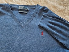 Polo Ralph Lauren Men's Large Long Sleeve Sweater V-neck Blue 100 Pima Cotton