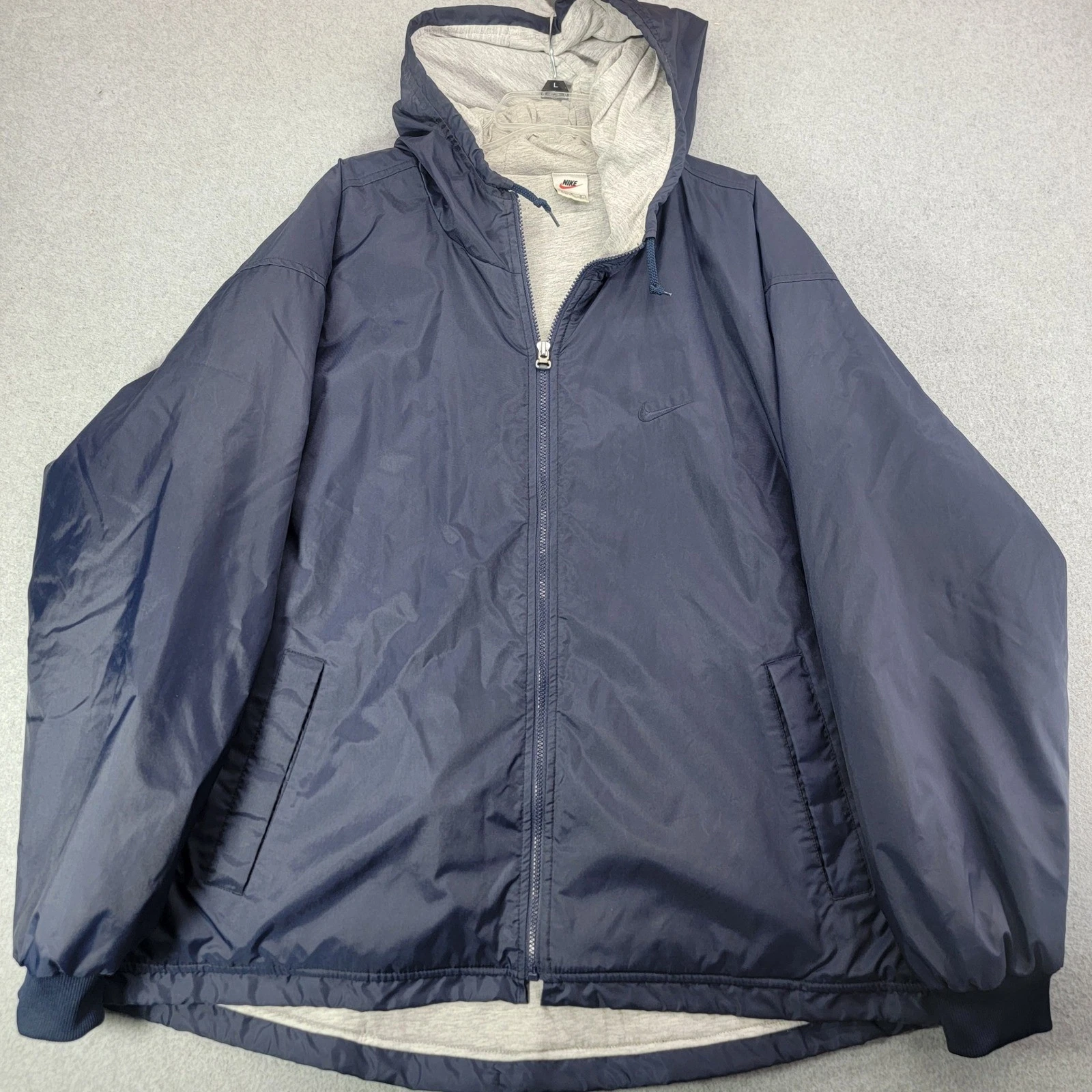 Nike Vintage 90s Windbreaker Jacket Mens Large Navy Blue Full Zip Hooded Jersey