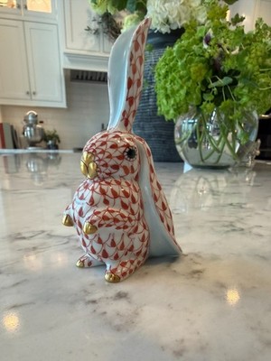 Herend BUNNY RABBIT ONE EAR UP Rust Orange Fishnet 4  Porcelain Figurine : MINT