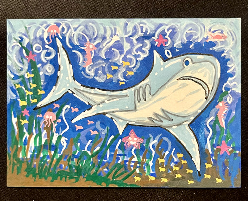 ACEO Original, Abstract Whimsy Shark,  Mini Art Painting, by Annibbie