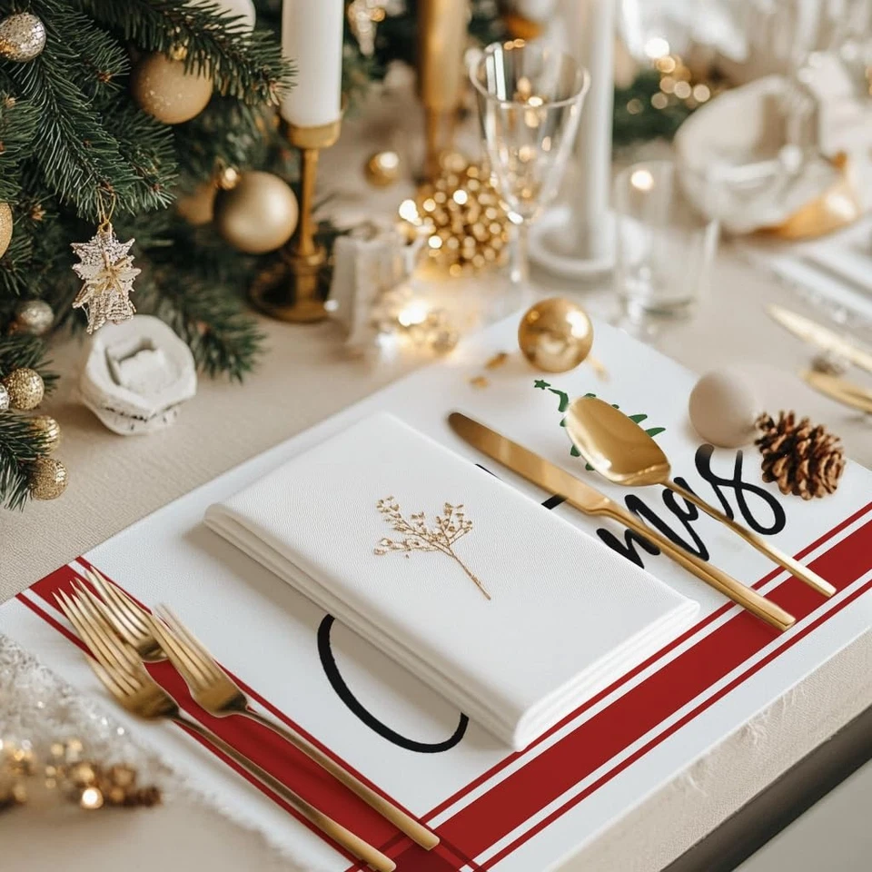 Christmas Red Stripe Placemats Set of 4 Xmas Tree Place Mats for Dining Table... - Image 3 of 4