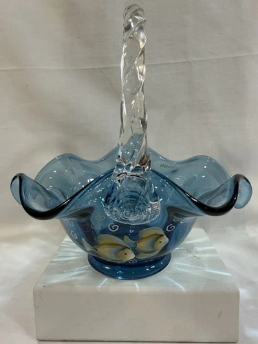 FENTON 7” GLASS BASKET OCEAN BLUE WITH HAND-PAINTED FISH-TWISTED HANDLE-SIGNED