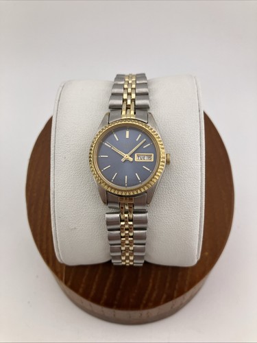 Vtg Pulsar Ladies 23mm Watch Gold/Silver Tone Blue Day/Date 6.5" V783-0030- RUNS