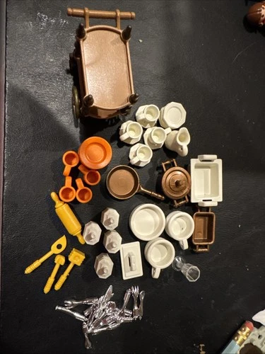 Vintage Playmobil Kitchen Dishes Silverware Serving Cart And More