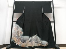 Japanese Kimono Black Tomesode Artist Embroidery Crossing Bridge Pure Silk