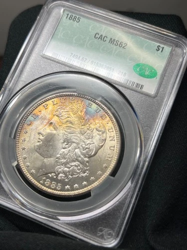 1885 P CAC MS62 Morgan Silver Dollar Orange/Blue Rim Toner BEAUTY SEE VIDEO