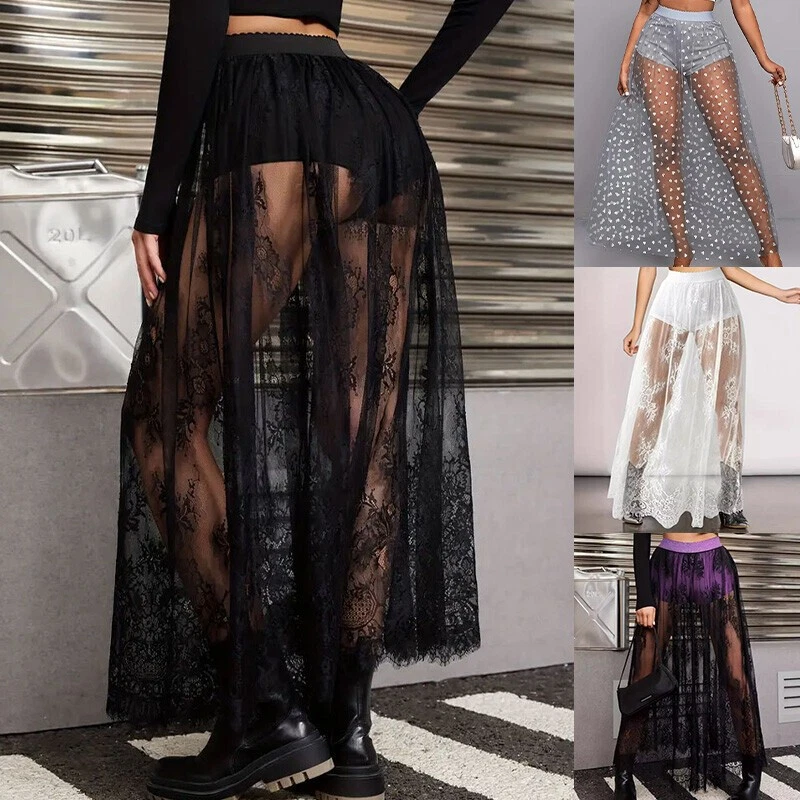 OFF WHITE Abito donna estivo vita alta elastico pizzo vedere attraverso gonne lungo gotico festa