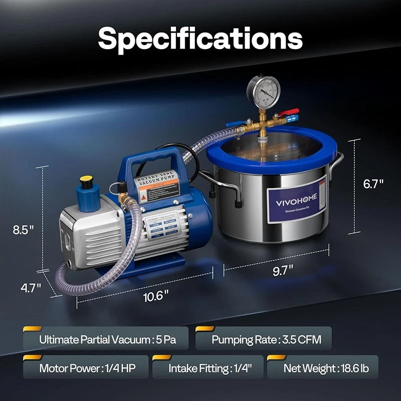 Cámara de vacío de 1,5 galones y kit de cámara de desgasificación de bomba de una sola etapa de 3,5 CFM Foto 2 de 4