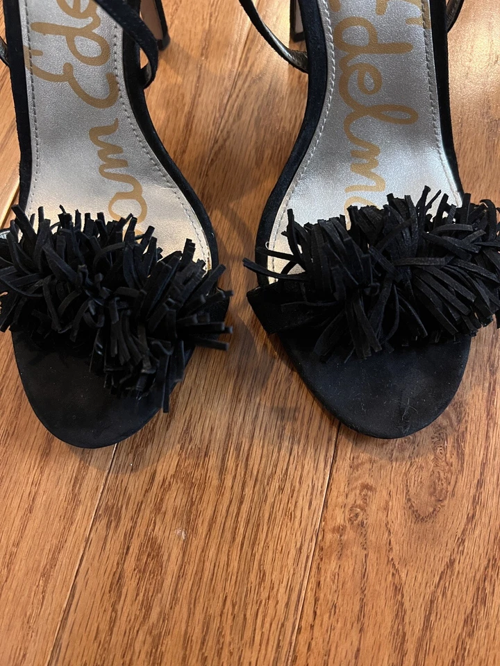 Sandalia de mujer SAM EDELMAN negra con flecos 'Aisha' tacón de cuero talla 10M Foto 3 de 4