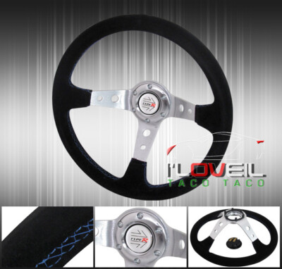 350mm Suede Leather Black Blue Stitching Steering Wheel + Type R Button Horn