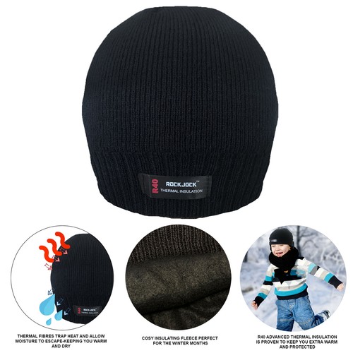 Boys Black Beanie Hat Thermal Warm Winter Fleece Lining School, Walking, Sport - Picture 2 of 3