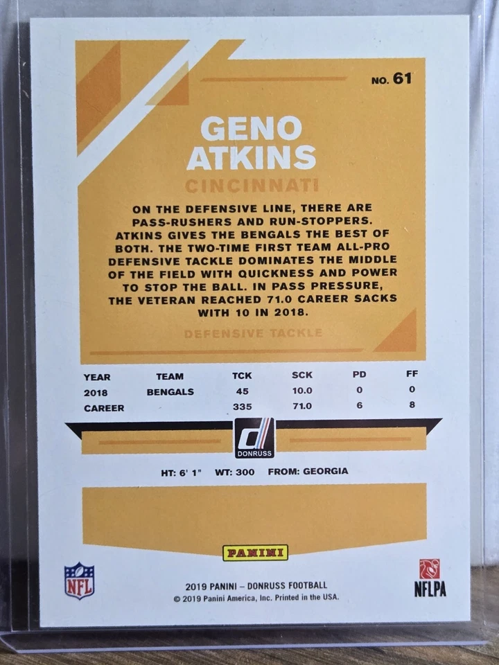 2019 Donruss - Jersey Number Orange Geno Atkins 82/97 - Image 2 of 2