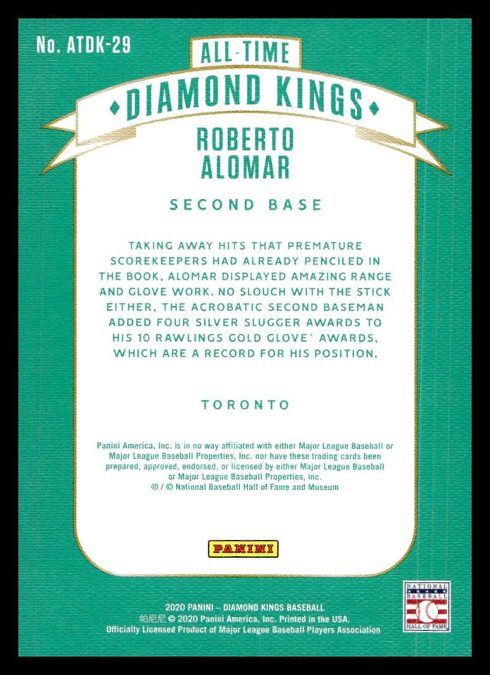 2020 Panini Diamond Kings #ATDK-29 Roberto Alomar   Toronto Blue Jays - Image 2 of 2