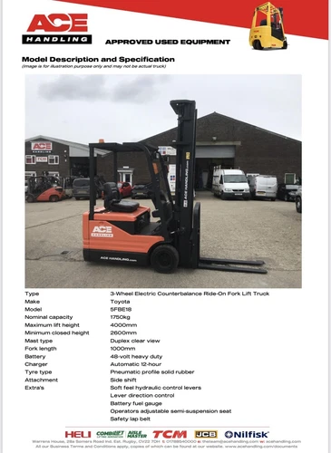 Toyota 5FBE18 1750KG 4.0M 3-Wheel Forklift Hire-£57.50 Buy-£6250 HP-£31.21 AH110