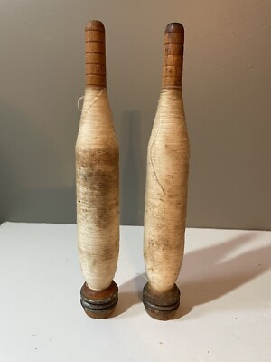Vintage Set of 2 Wooden Thread Sewing Spools Spindle Industrial Textile 8.5 