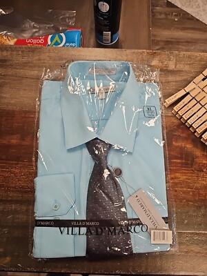 Villa D'Marco Men's XL Long Sleeve Blue Button Up Shirt W/ Tie  17-171/2 New 