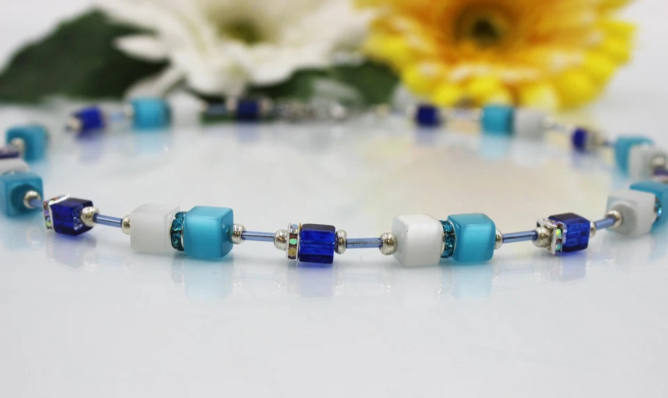 Würfelkette Perlen Halskette Würfel Cateye Blau Türkis Dunkelblau Damen #MA003 - Bild 2 von 4