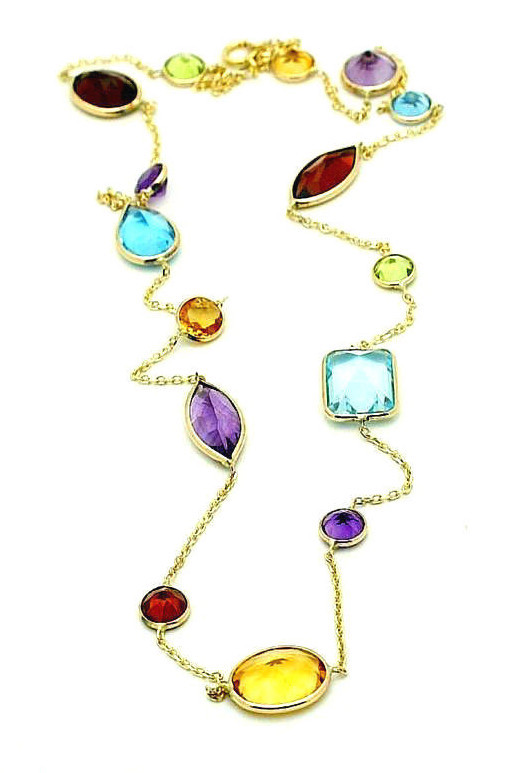 14K Yellow Gold Station Necklace With Multi-Shaped Gemstones By The Yard 24 Inch