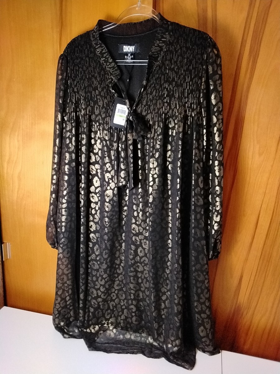 dkny black and gold dress NEW Black/Gold Leopard Print Tie Neck Pleated Size 18W dress_type_Halter