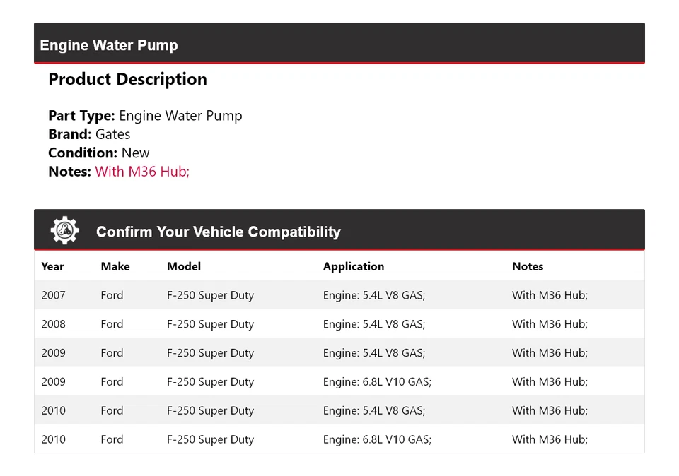Puertas de bomba de agua para motor Ford F-250 Super Duty 2007-2010 2008 2009 Foto 2 de 4