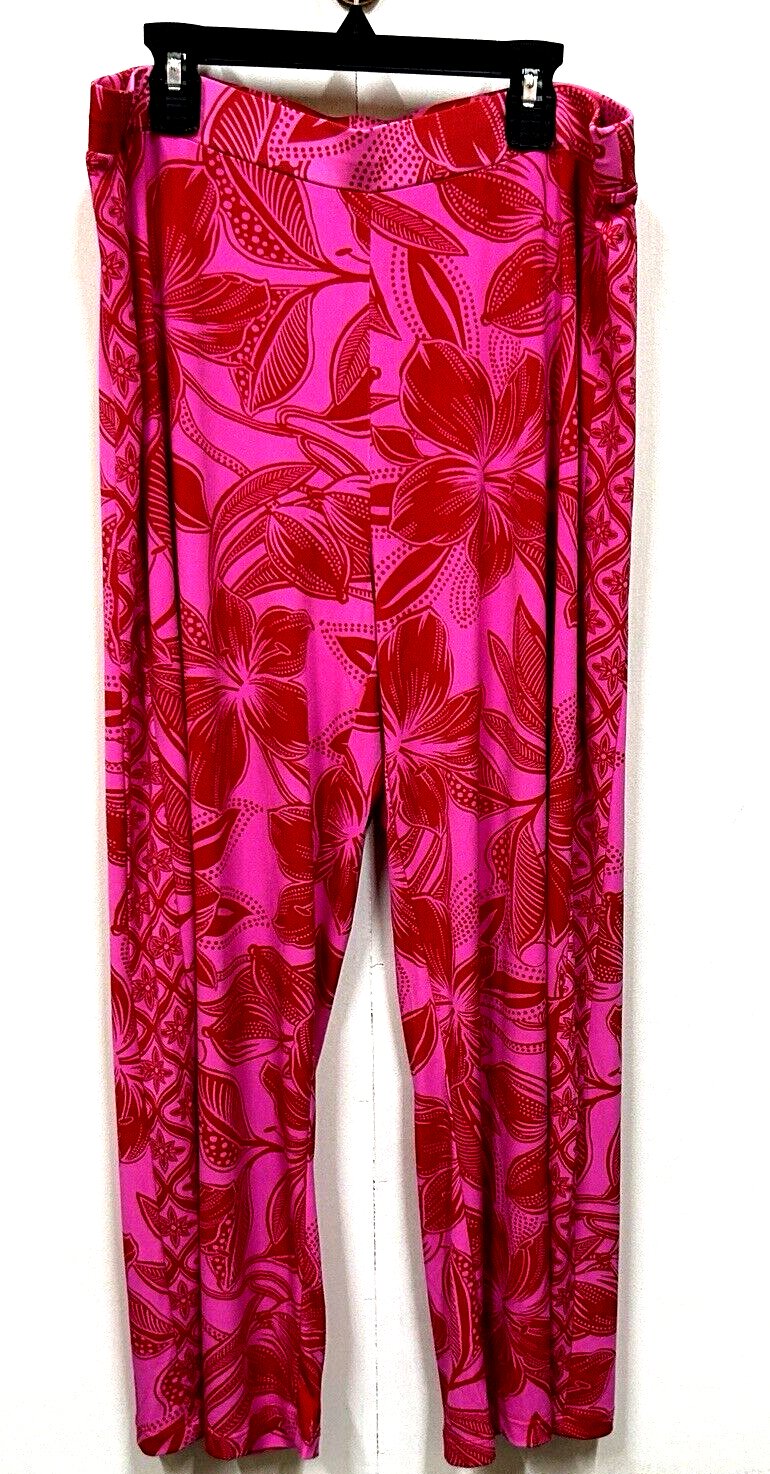 IMAN Women's Wide Legged Spandex Pink Floral and Red Flair Pants Size Large