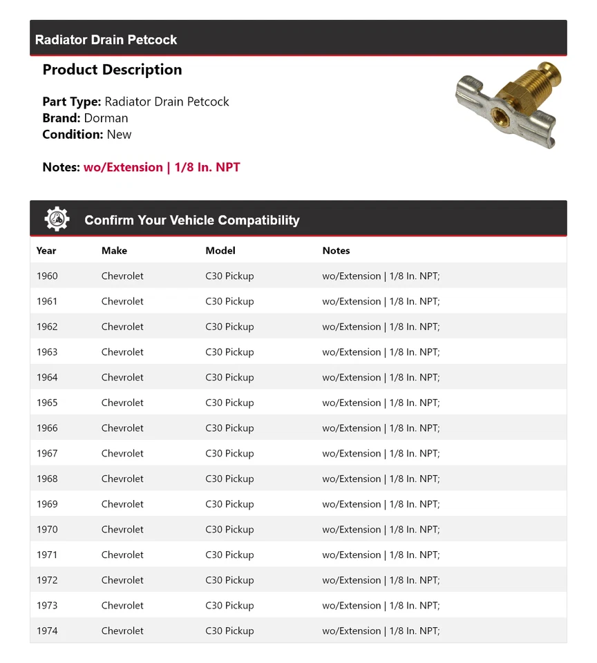 Для 1960-1974 Chevrolet C30 пикап Dorman радиатор сливной кран 1961 1962 1963 - Изображение 2 из 4