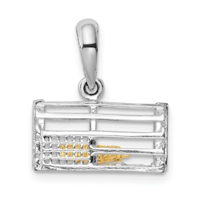 Sterling Silber poliert bewegliche 3D Falle mit 14K Gelbgold Karabiner Anhänger