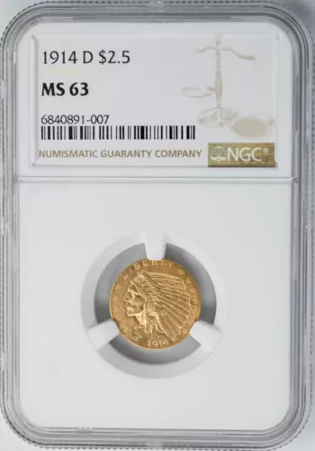 1914-D $2 1/2 Gold Indian $2.5 MS63 NGC 949541-1