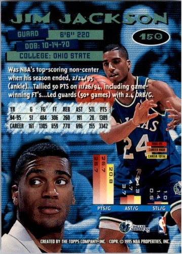 1995-96 Stadium Club Basketball Card # 150 Jim Jackson Dallas Mavericks MINT - Picture 2 of 2