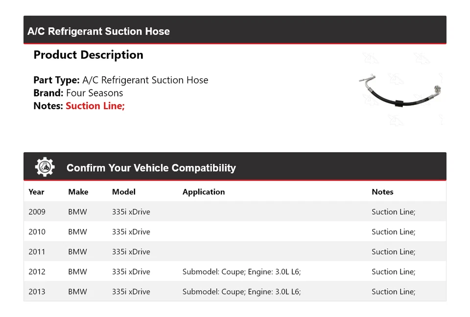 Manguera de succión de refrigerante aire acondicionado BMW 335i xDrive 2009-2013 4 estaciones 2010 2011 Foto 2 de 4