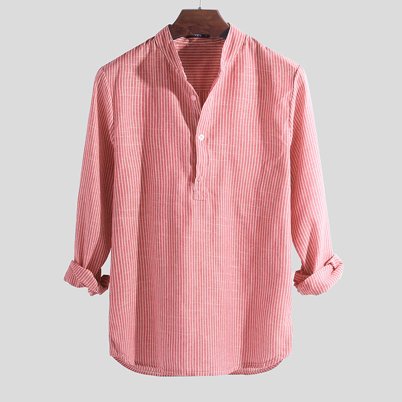 Men's Collarless Shirts Vintage Striped Shirt Grandad Neck Button Up Blouse  Tops | eBay