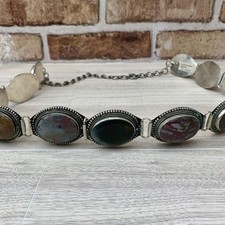 Vtg Polished Stone Cabochon Belt Bohemian Concho Link Silver Tone Agate Heavy