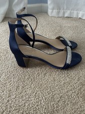 Jewel Badgley Mischka Navy Rhinestone Block Heel Strappy Sandals Women Formal