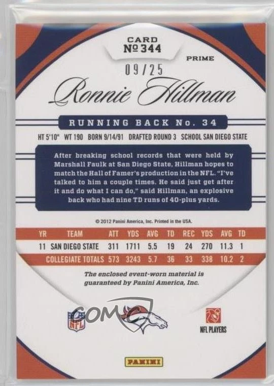 2012 Certified Freshman Fabric Mirror Gold /25 Ronnie Hillman #344 Rookie RC - Image 2 of 2