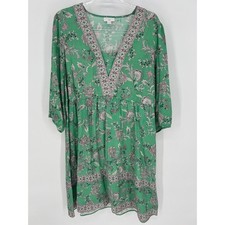 J. JILL Dress Border Printed Flounce Hem Large Green Floral Paisley V-Neck Knee